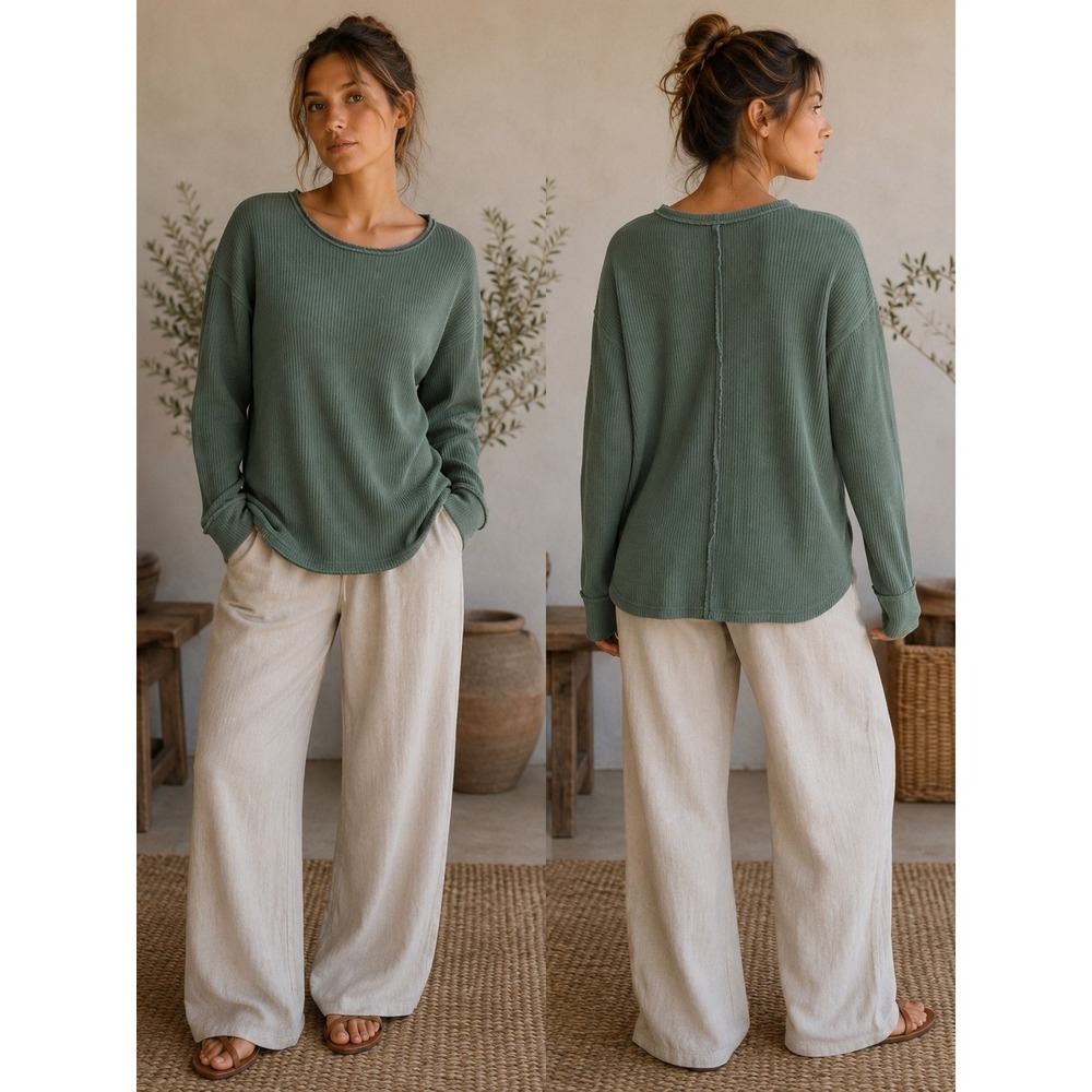 Magellan Outdoors Casual Ribbed Knit Long Sleeve Top Sage Green Classic Fit M